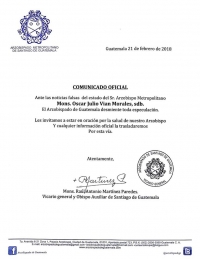 Información Oficial del Estado de Salud de Monseñor Óscar Julio Vian
