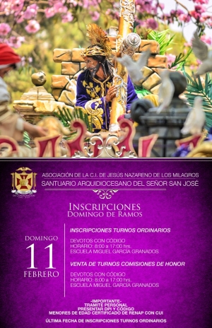 [Afiche] Inscripciones para Domingo de Ramos en el Templo de San José para devotos y devotas con código.